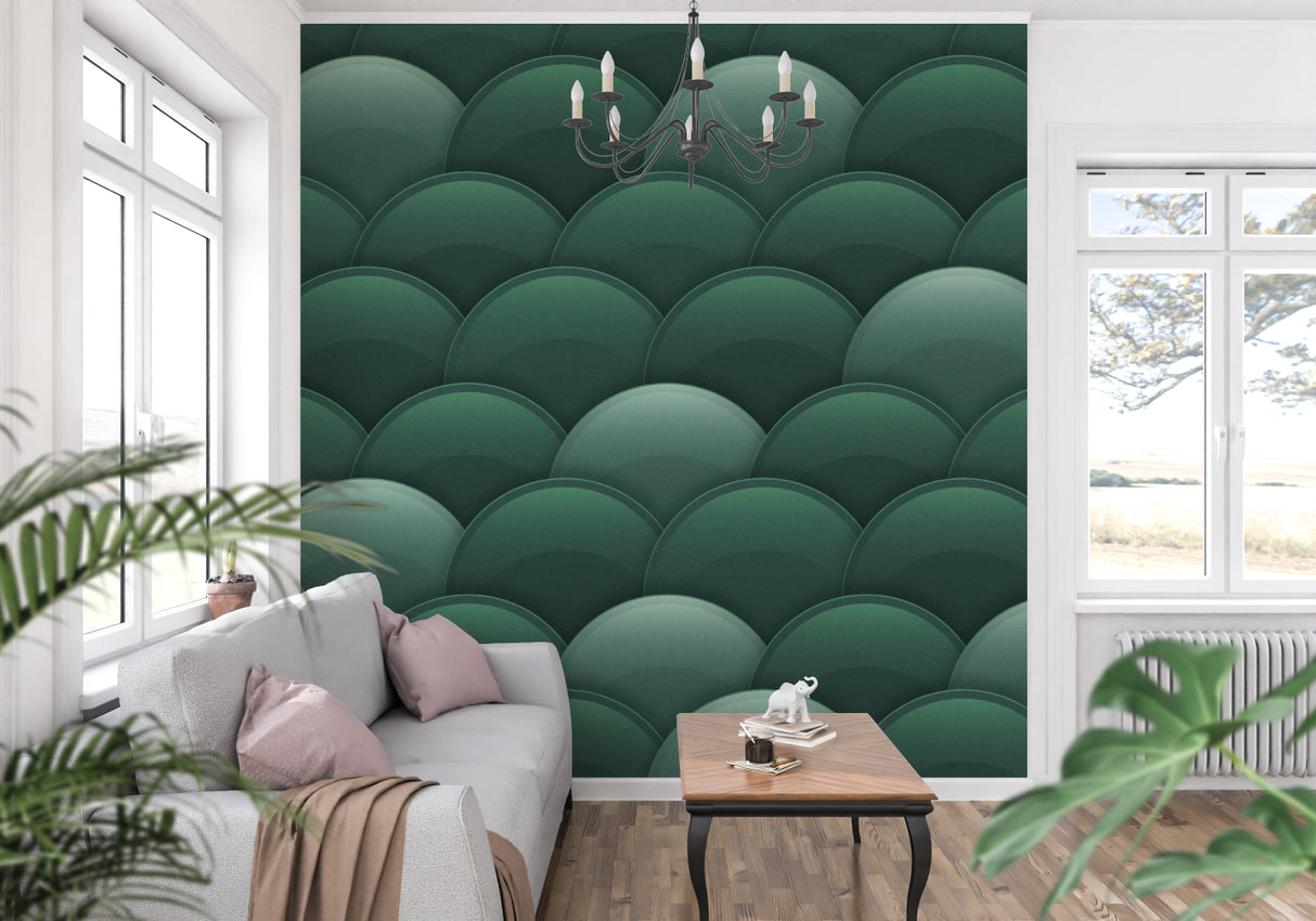 Green geometric scale wallpaper making a stunning statement in a modern living room with natural light
