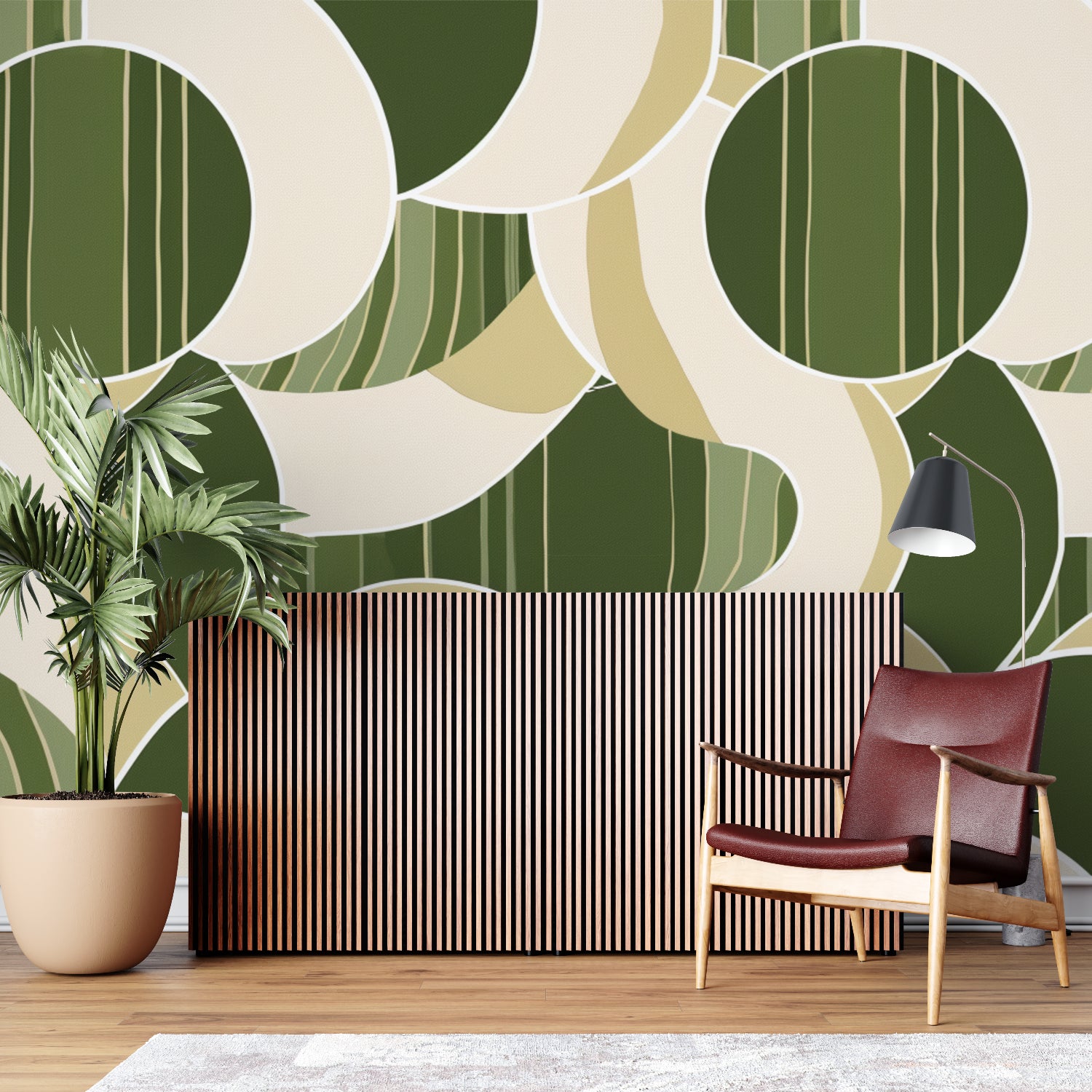 Green geometric circle wallpaper in modern living room creating depth and visual interest