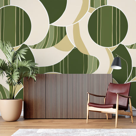 Green geometric circle wallpaper in modern living room creating depth and visual interest