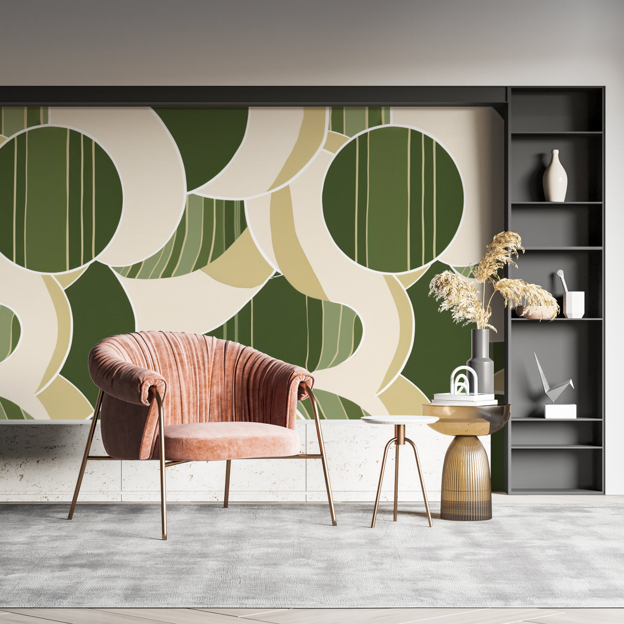 Retro green circle pattern wallpaper in dining room with mid-century furniture