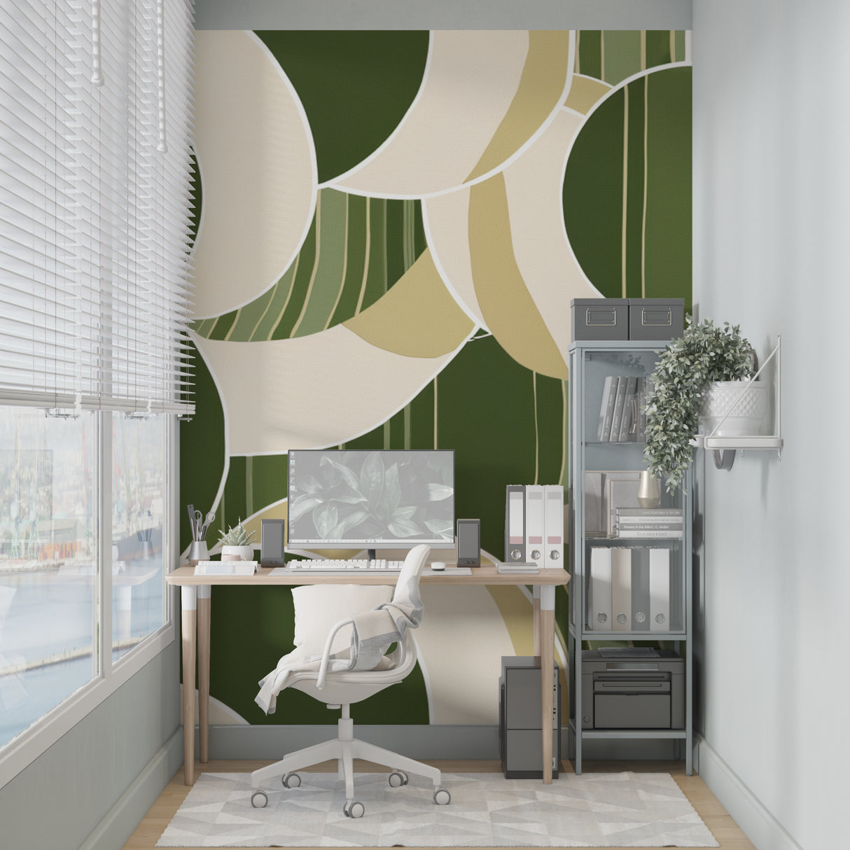 Geometric green wallpaper bringing style to home office space