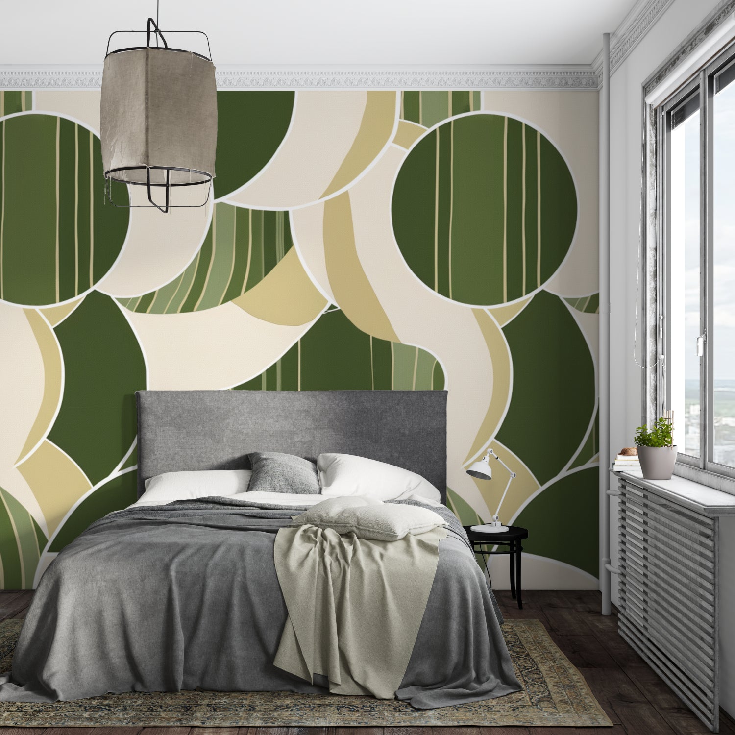 Green circle wallpaper pattern adding character to bedroom wall