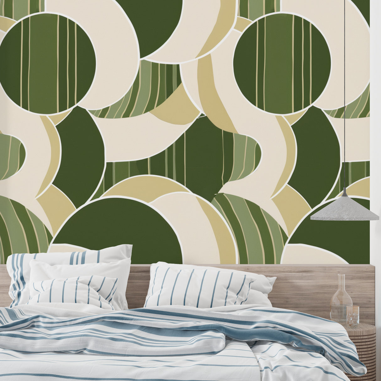 Modern geometric wallpaper in sage green creating calm atmosphere in studio space