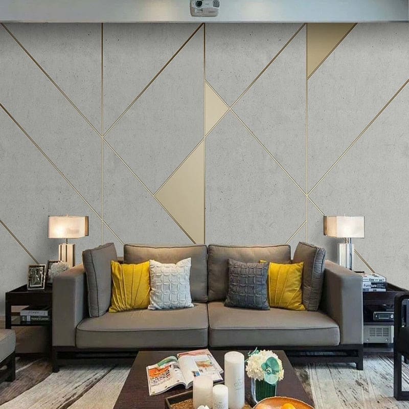 Modern office space with grey and gold geometric wallpaper pattern