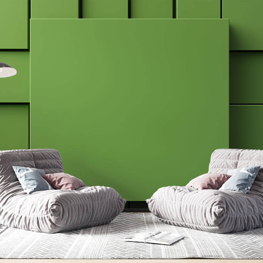 Modern green 3D geometric block wallpaper in a minimalist home office, creating depth and visual interest