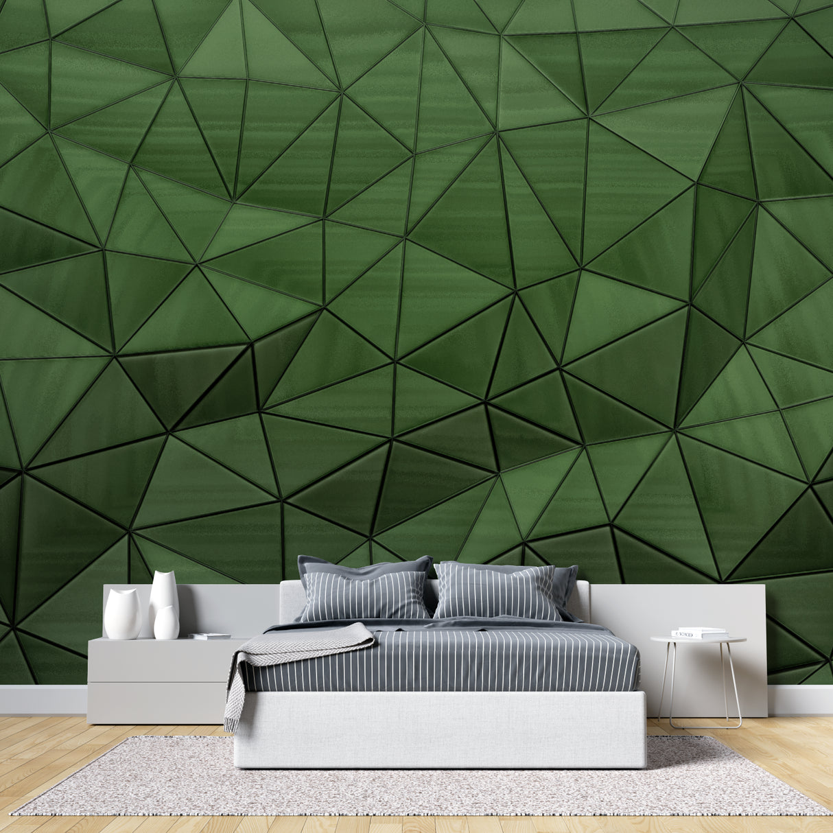 Modern living room featuring green geometric triangle wallpaper creating depth and dimension