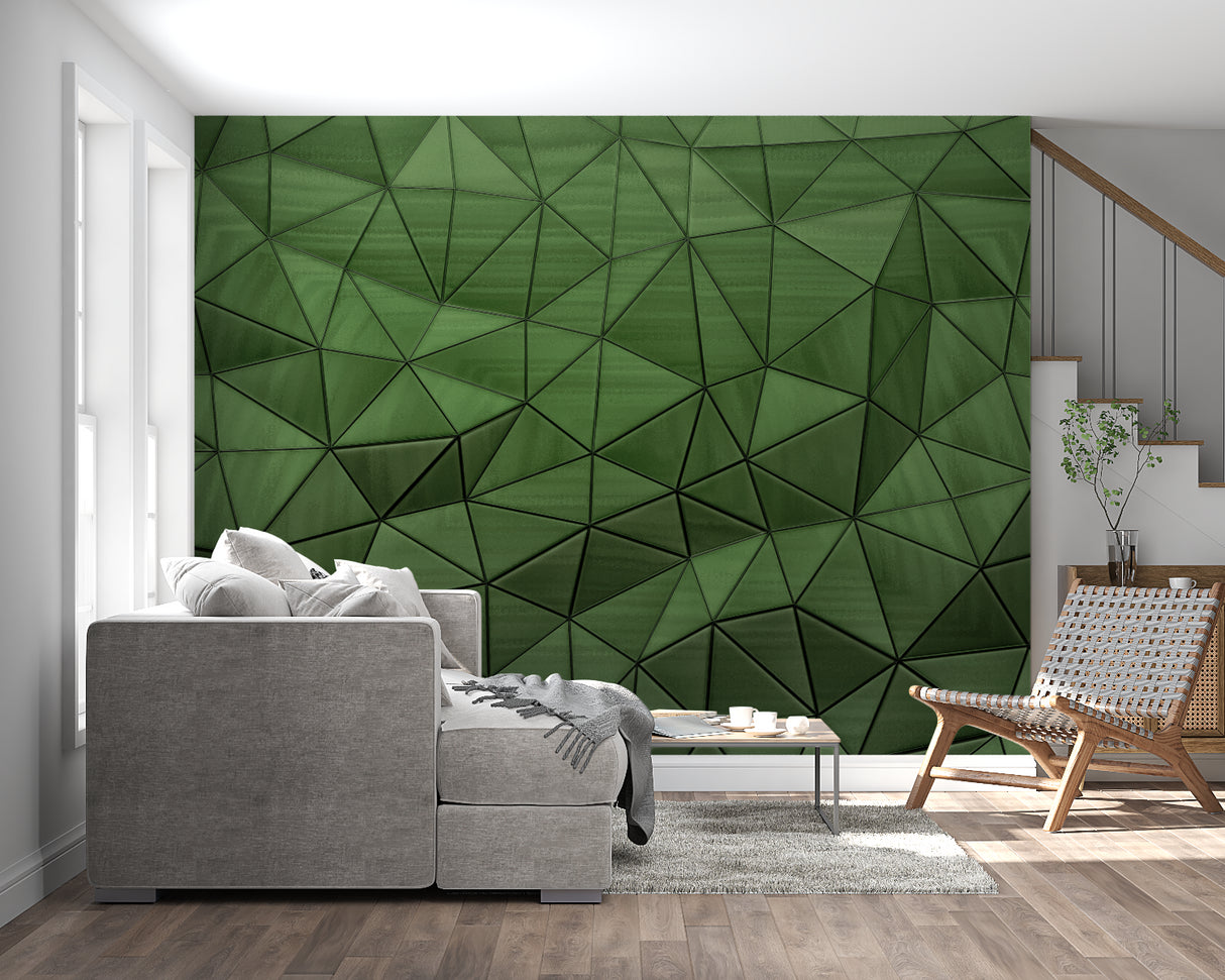 Home office with 3D geometric wallpaper in emerald green tones