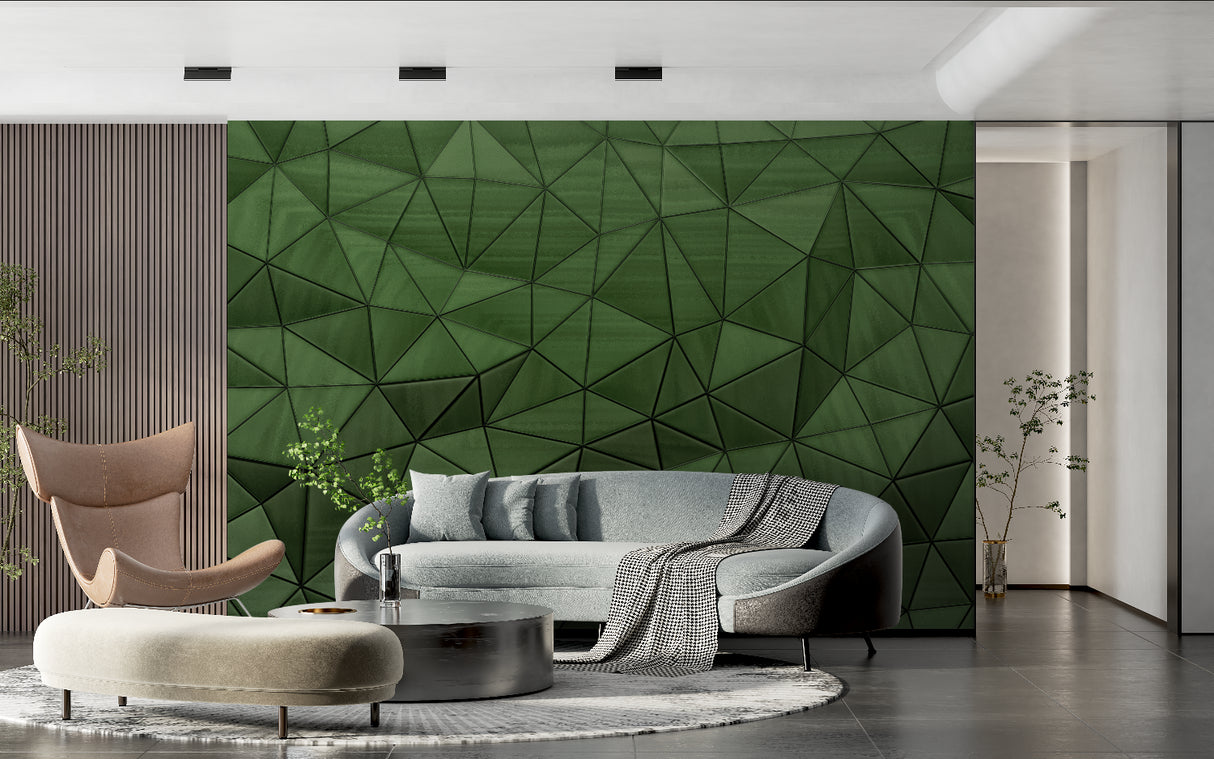 Minimalist bedroom featuring geometric pattern wallpaper in green
