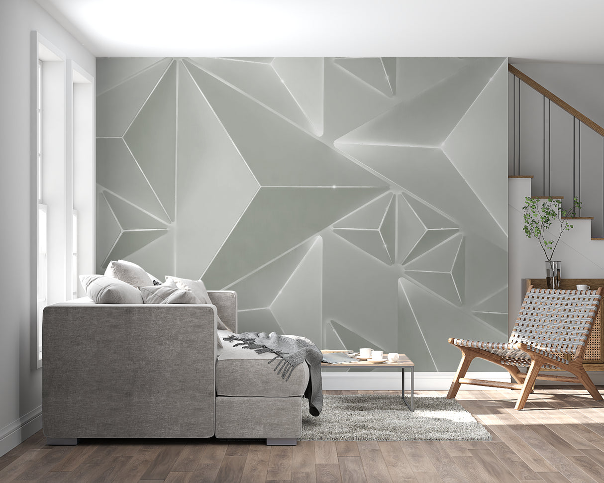 Grey geometric wall mural creating depth in modern office space