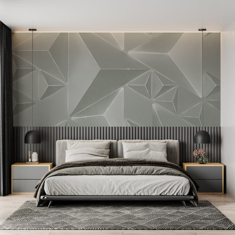 3D geometric pattern wallpaper in modern bedroom with clean lines