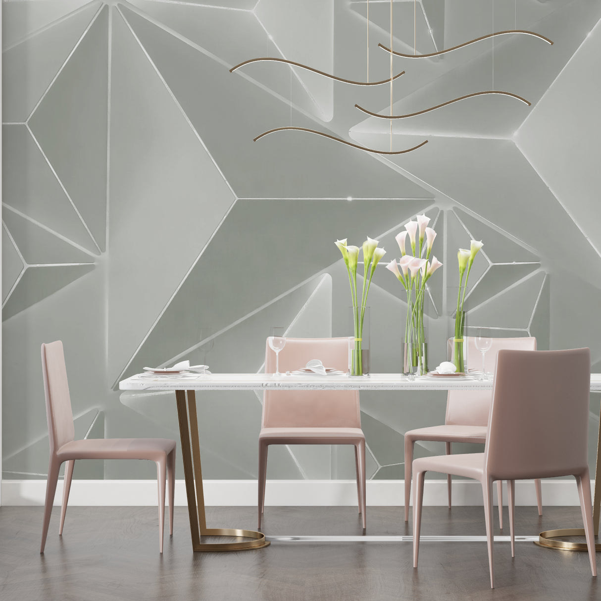 Contemporary dining room featuring geometric 3D wall mural in grey tones