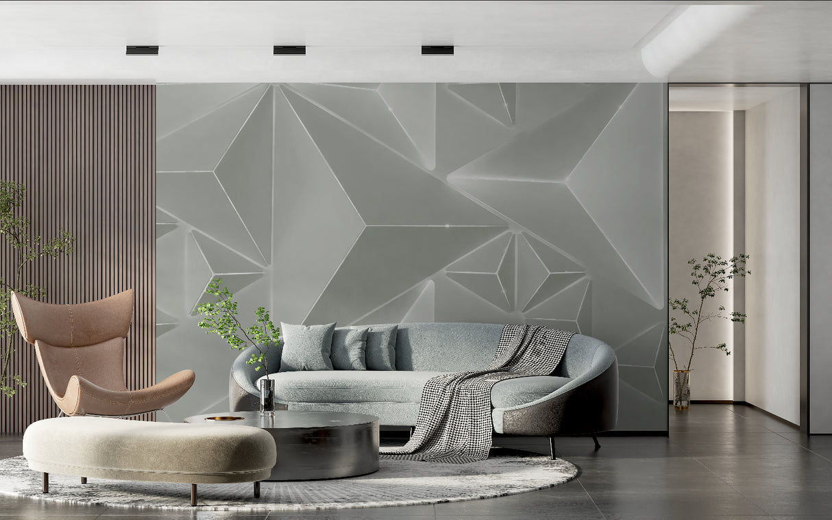 Modern entryway with grey geometric wall design creating visual interest