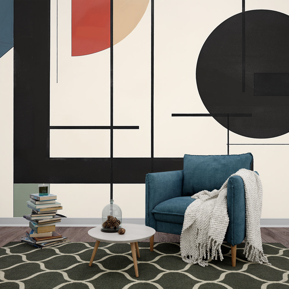 Modern geometric wallpaper mural in contemporary living room, black and terracotta abstract shapes creating dynamic focal wall