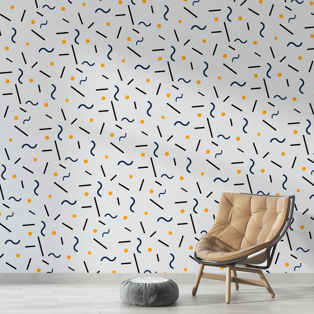 Modern geometric wallpaper with dots and lines pattern showcased in a bright contemporary living room setting