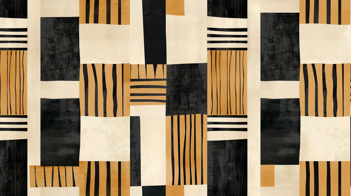 Modern geometric black and gold wallpaper in a stylish dining room setting with contemporary furniture