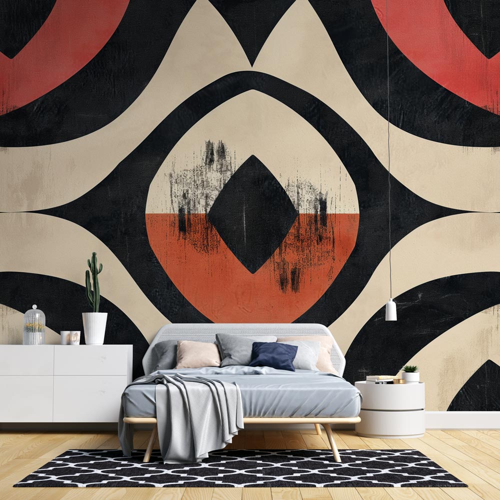 Modern Geometric Wallpaper in stylish living room showing black and terracotta pattern creating depth and visual interest