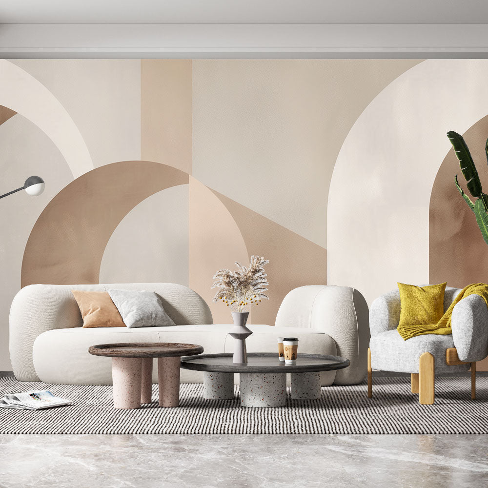 Modern geometric arch wallpaper in a bright living room, creating an elegant backdrop for minimalist furniture
