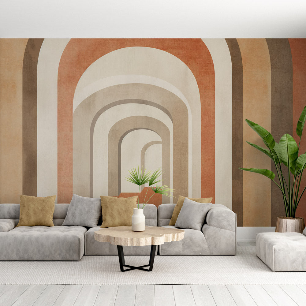 Modern geometric arch wallpaper creating depth in a bright living room with minimal furniture and natural light