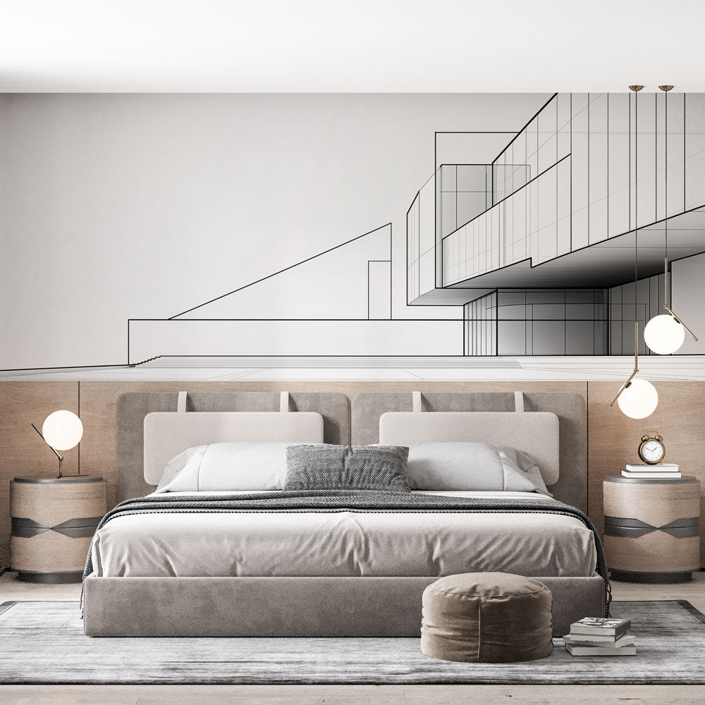 Modern geometric line art wallpaper adding depth to a minimal Scandinavian living room with natural light