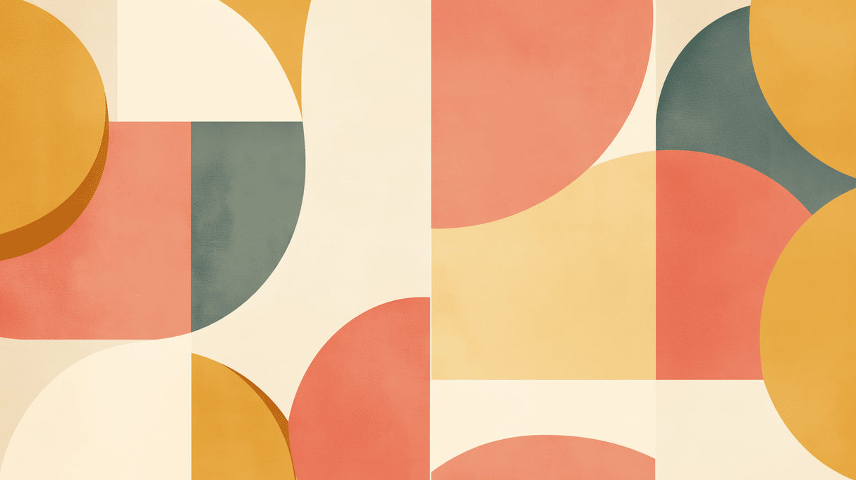 Modern Art Deco circle wallpaper in a bright Scandinavian living room, showing geometric pattern with terracotta and sage tones