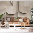 Modern geometric wallpaper with circular pattern in a bright, contemporary living room setting
