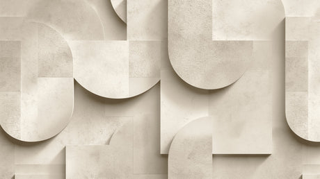 Beige circular wallpaper creating depth in a minimal dining room space