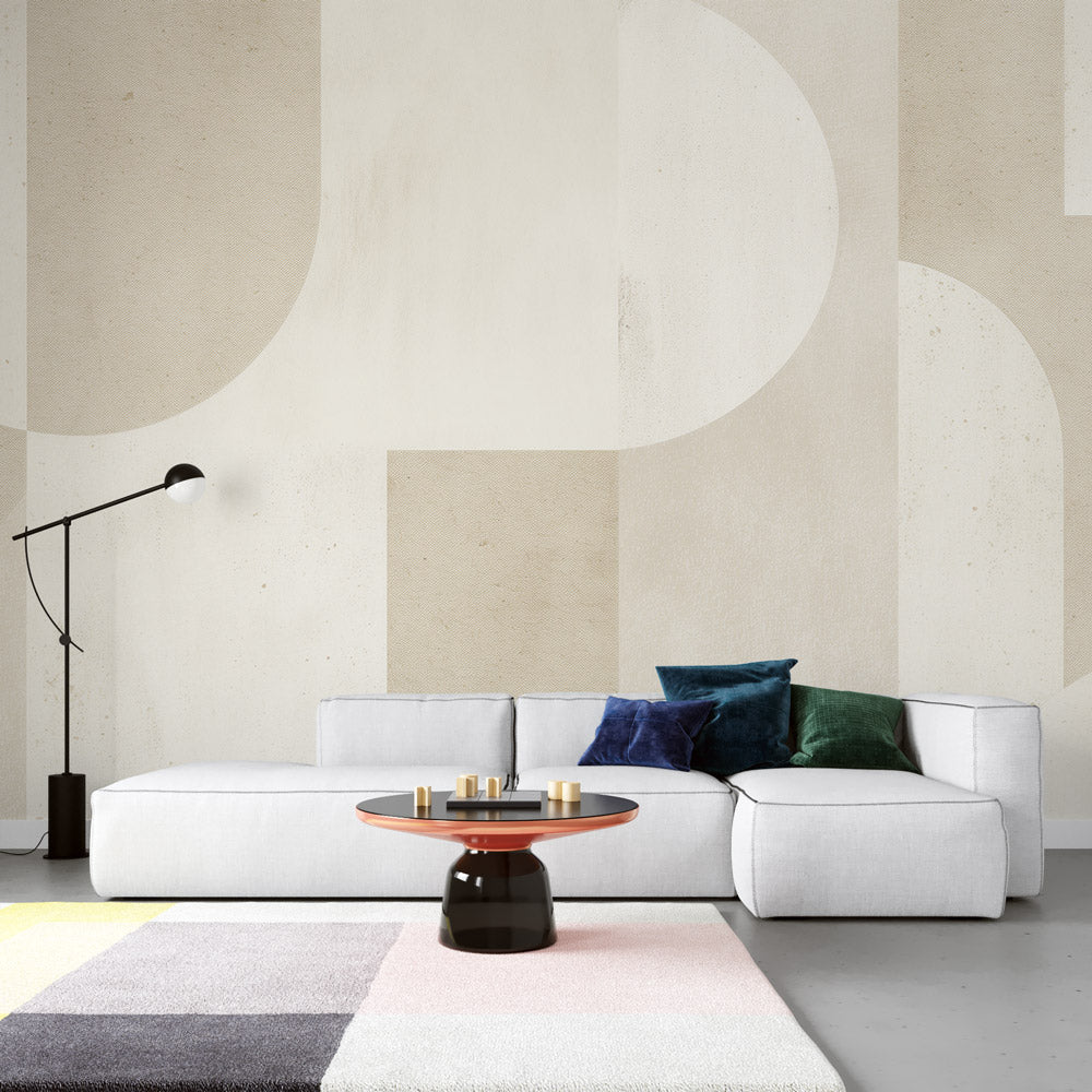Beige geometric wallpaper creating calm atmosphere in minimal bedroom setting
