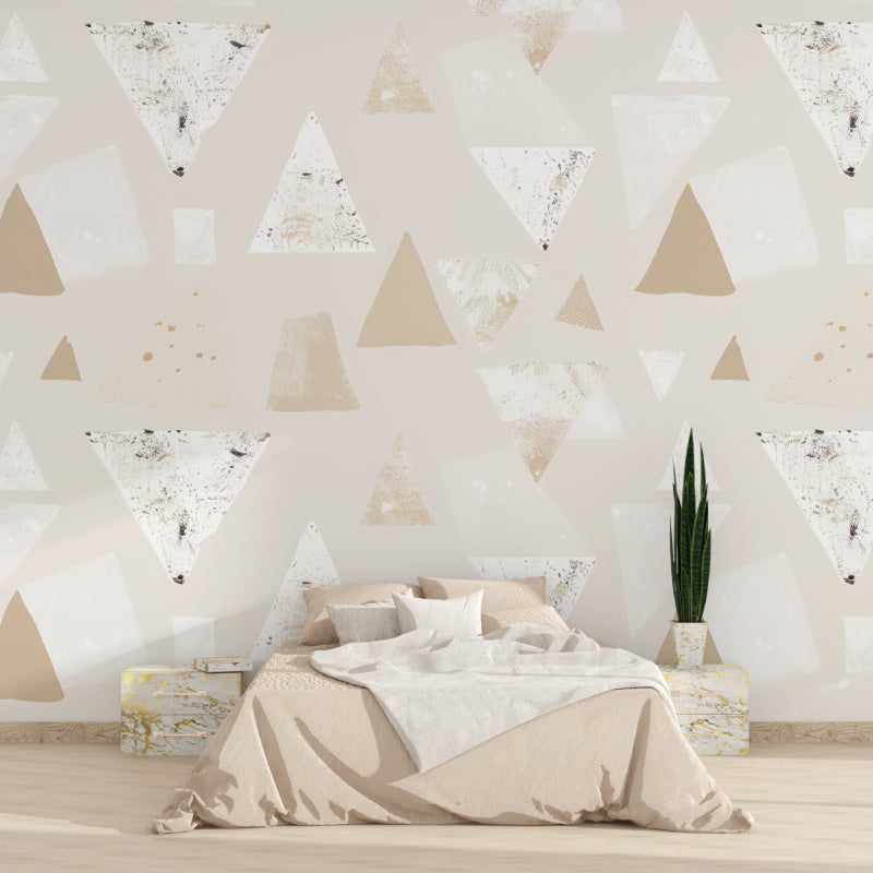 Modern geometric wallpaper in bright Scandinavian living room showing triangle pattern in beige tones