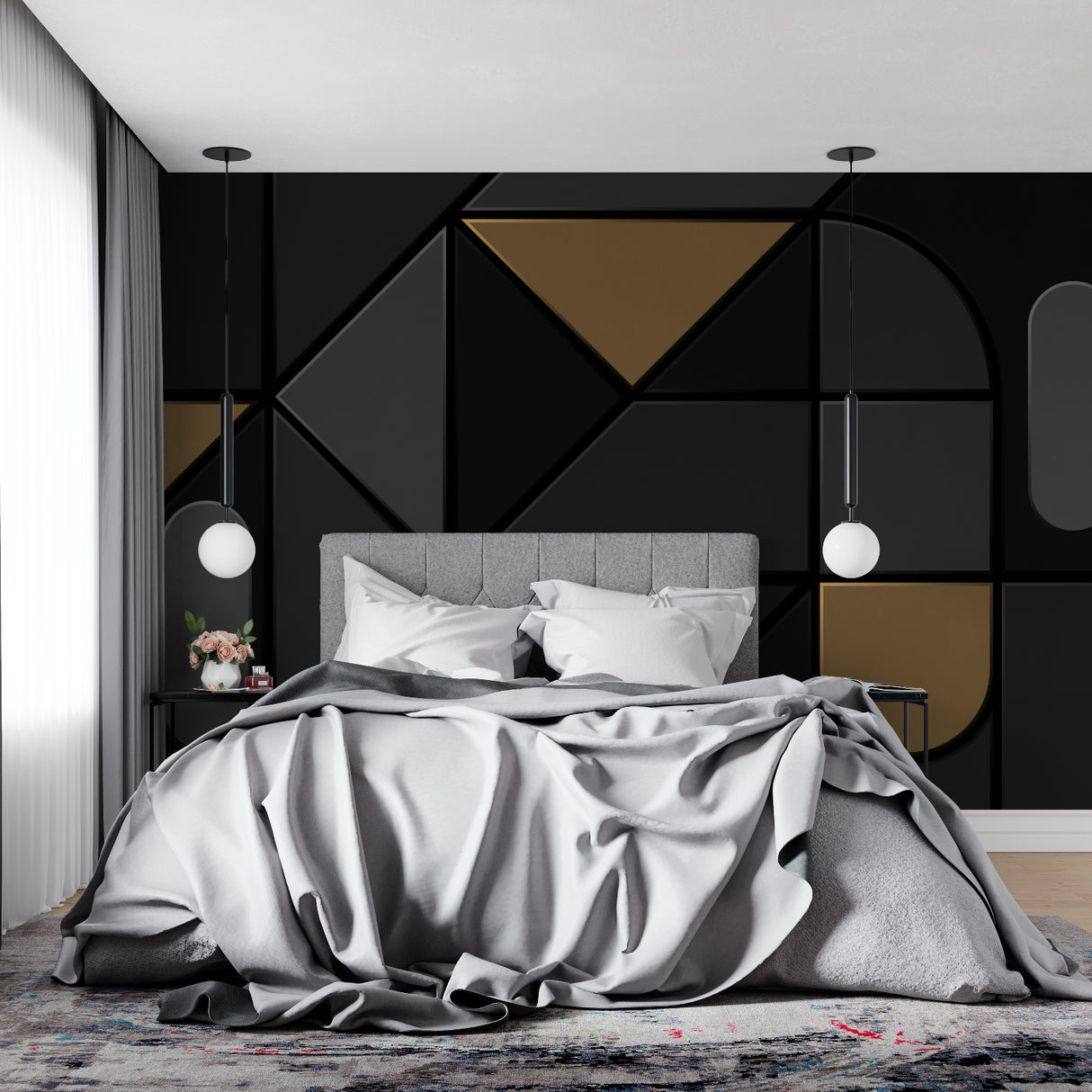 Modern geometric black and gold wallpaper in a minimalist living room with sleek furniture