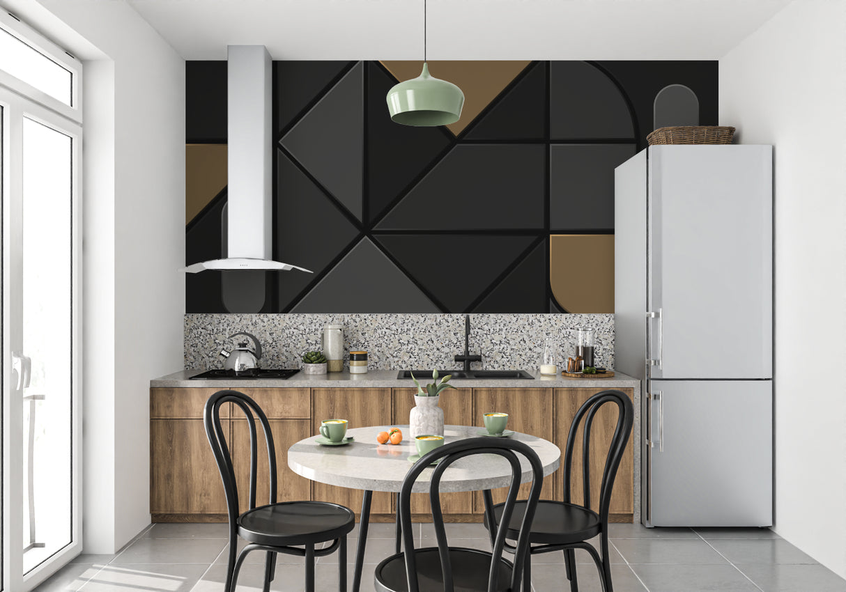 Geometric wall mural creating drama in an elegant dining room setting