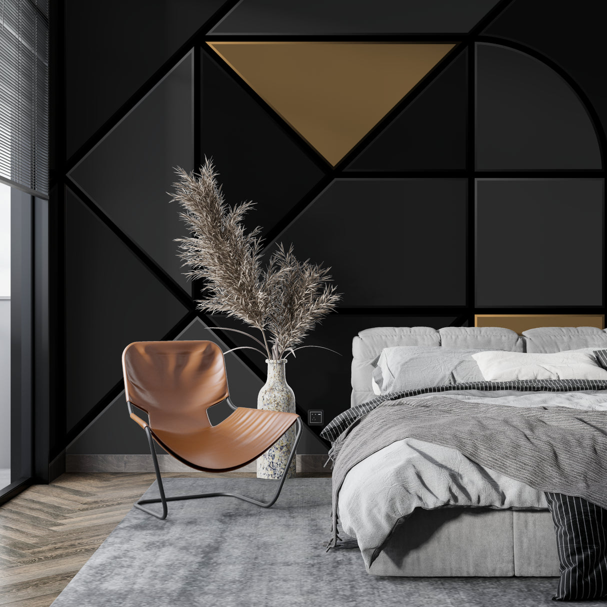 Contemporary geometric wallpaper making a statement in master bedroom