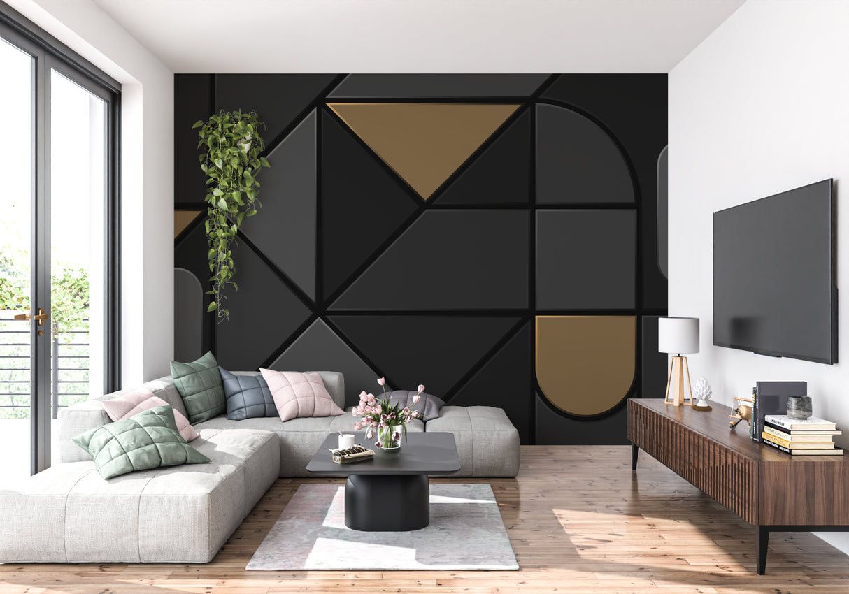 Sophisticated black and gold wall mural enhancing an entryway space