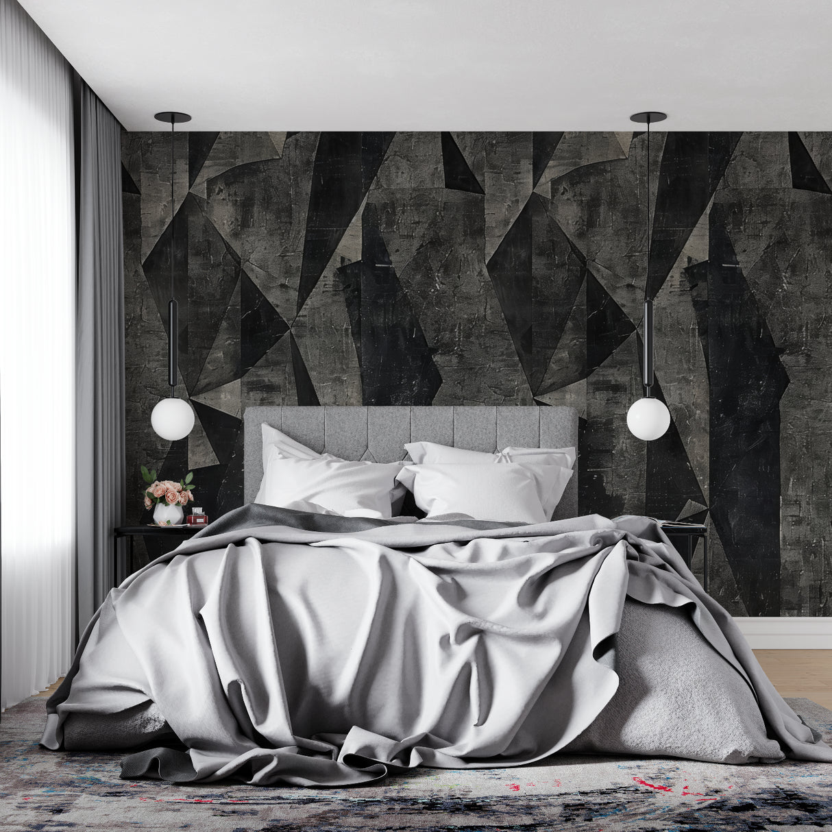 Geometric wall design in modern dining room with pendant lighting