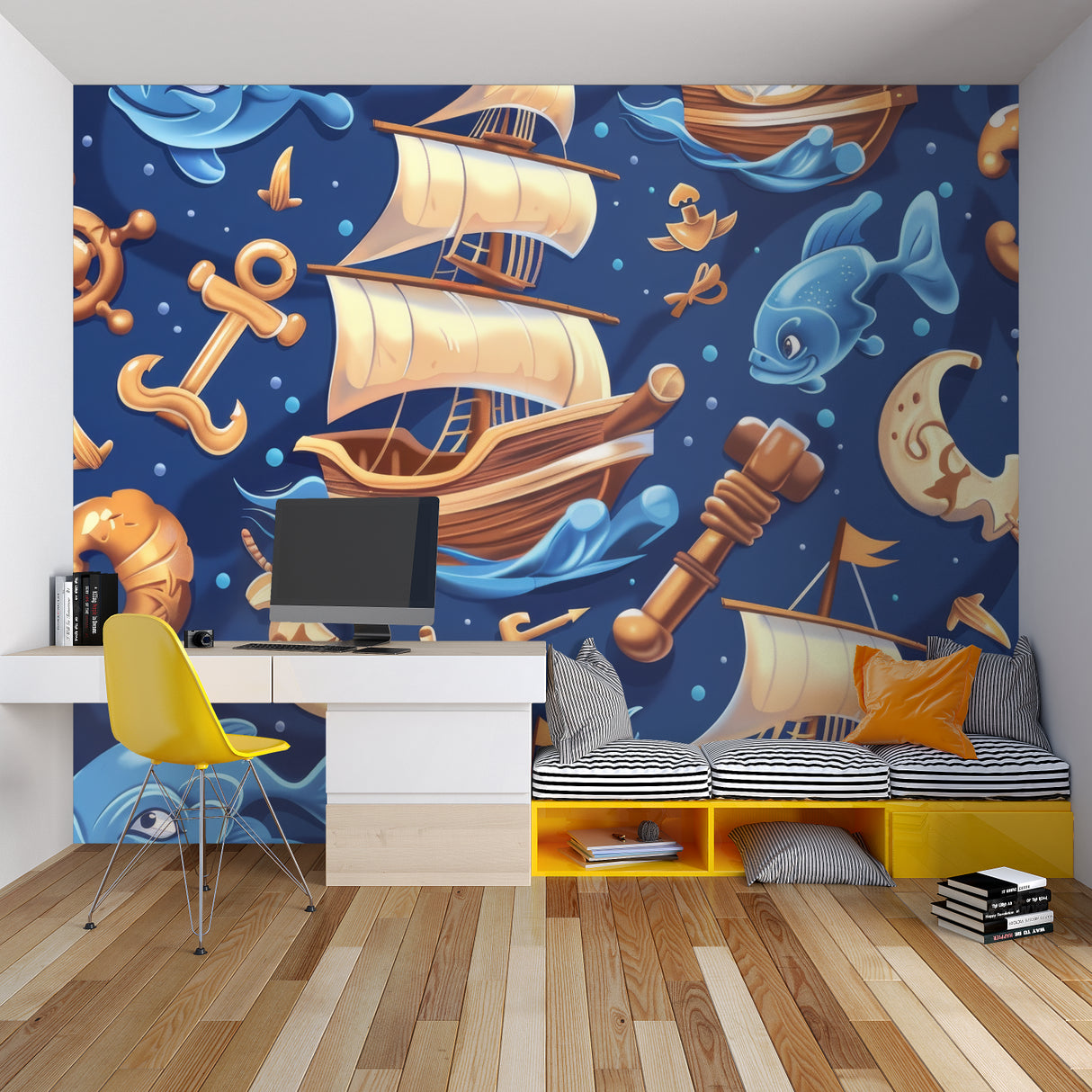Abstract geometric wallpaper showcased in a contemporary dining room