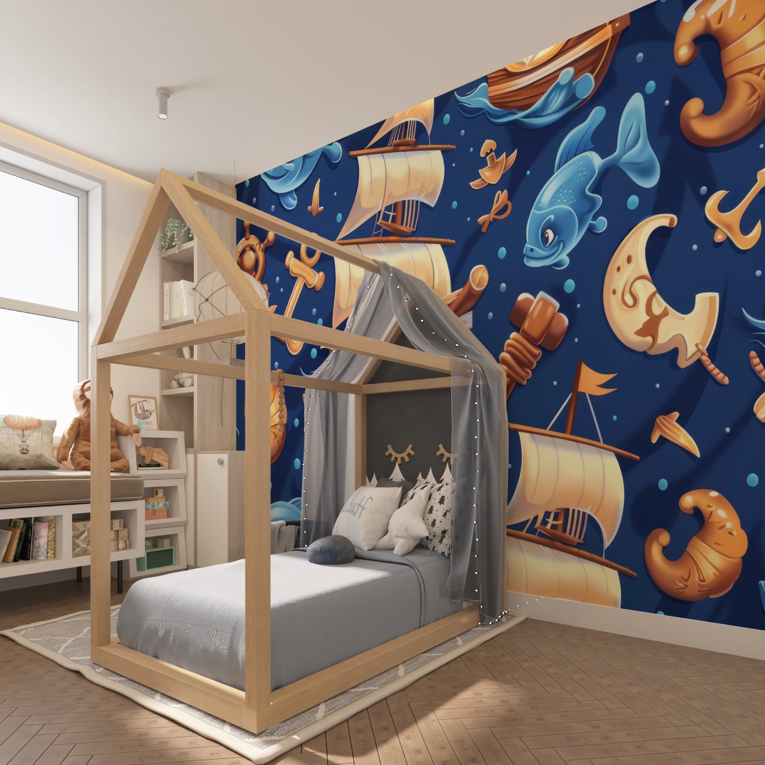 Modern circle pattern wallpaper making a statement in an urban bedroom
