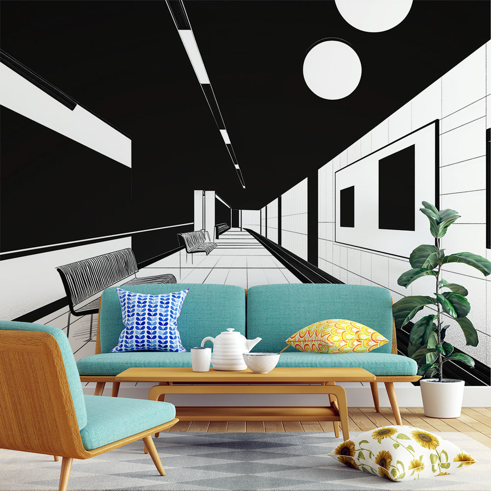 Modern geometric wallpaper creating depth in a minimalist living room with natural lighting and contemporary furniture