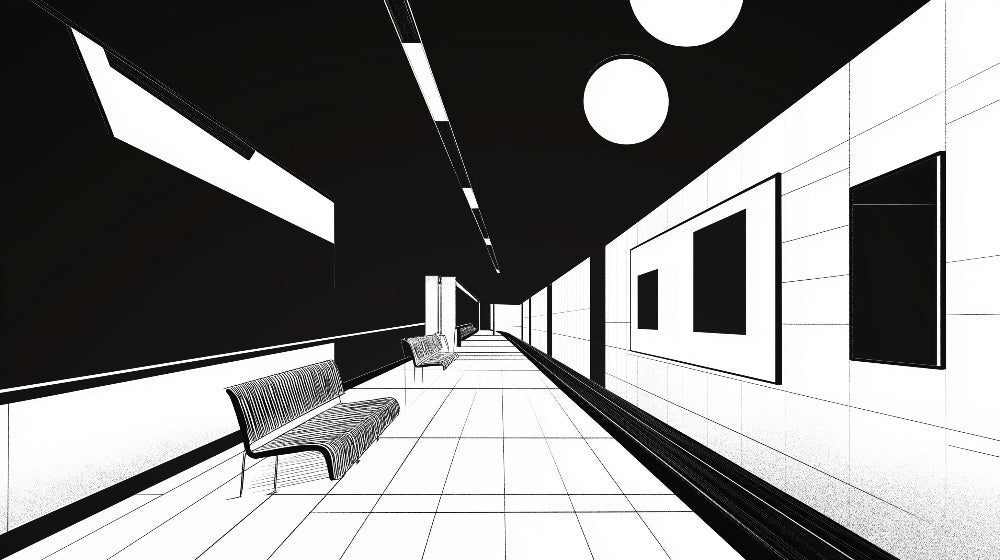 Black and white geometric wallpaper design file showing detailed corridor pattern