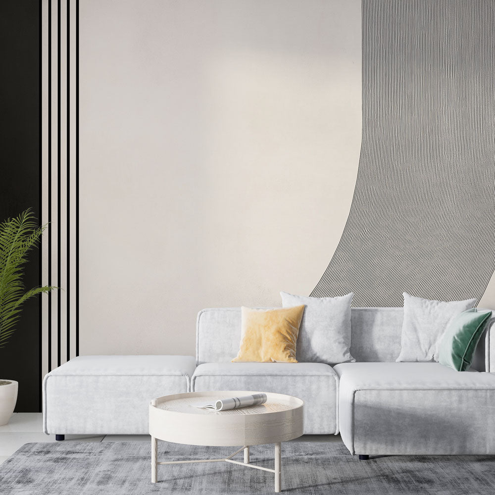 Modern geometric line wallpaper creating depth in a minimalist living room with clean furniture and natural light