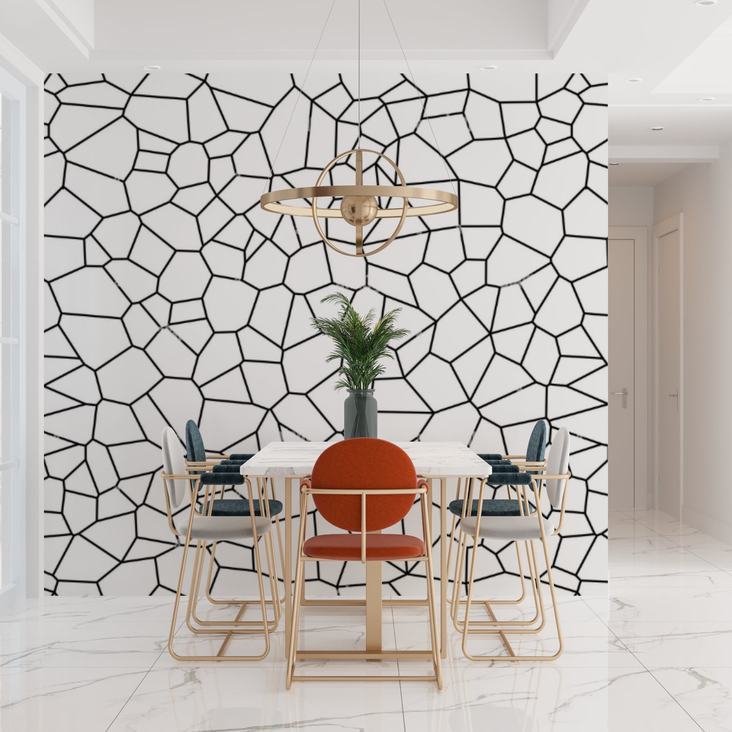 Black and white geometric wall mural in contemporary office space