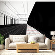 Modern geometric perspective wallpaper creating depth in a minimalist living room with clean lines and architectural appeal