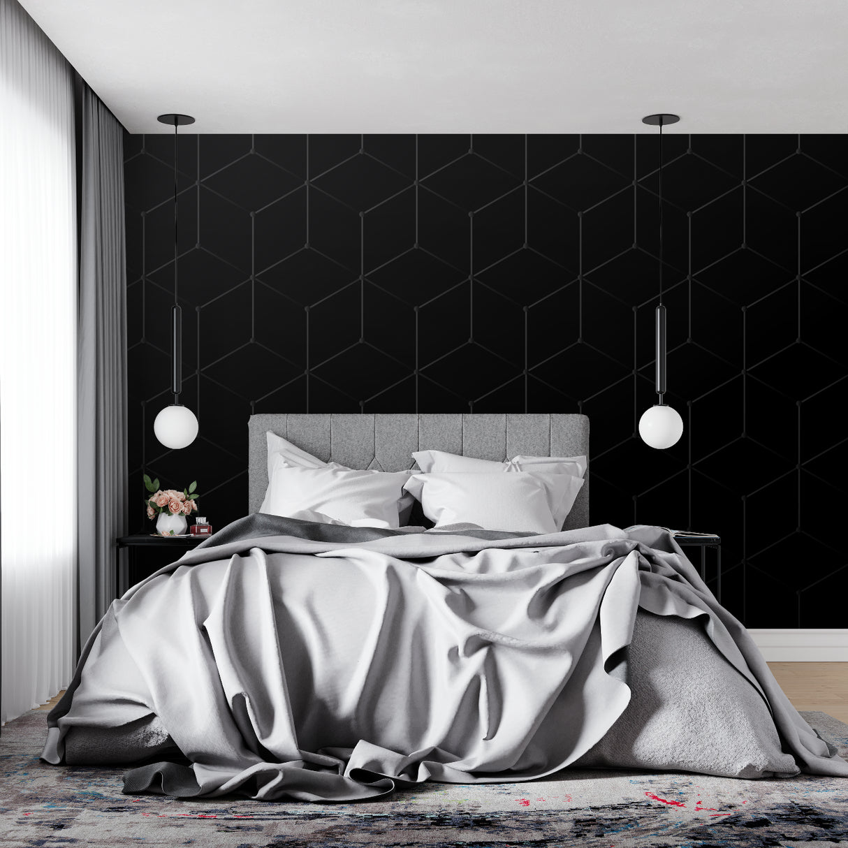 Modern black geometric wallpaper in a minimalist living room, creating depth with hexagonal patterns