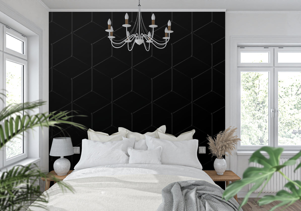 Sophisticated black hexagon wall mural in a modern office space
