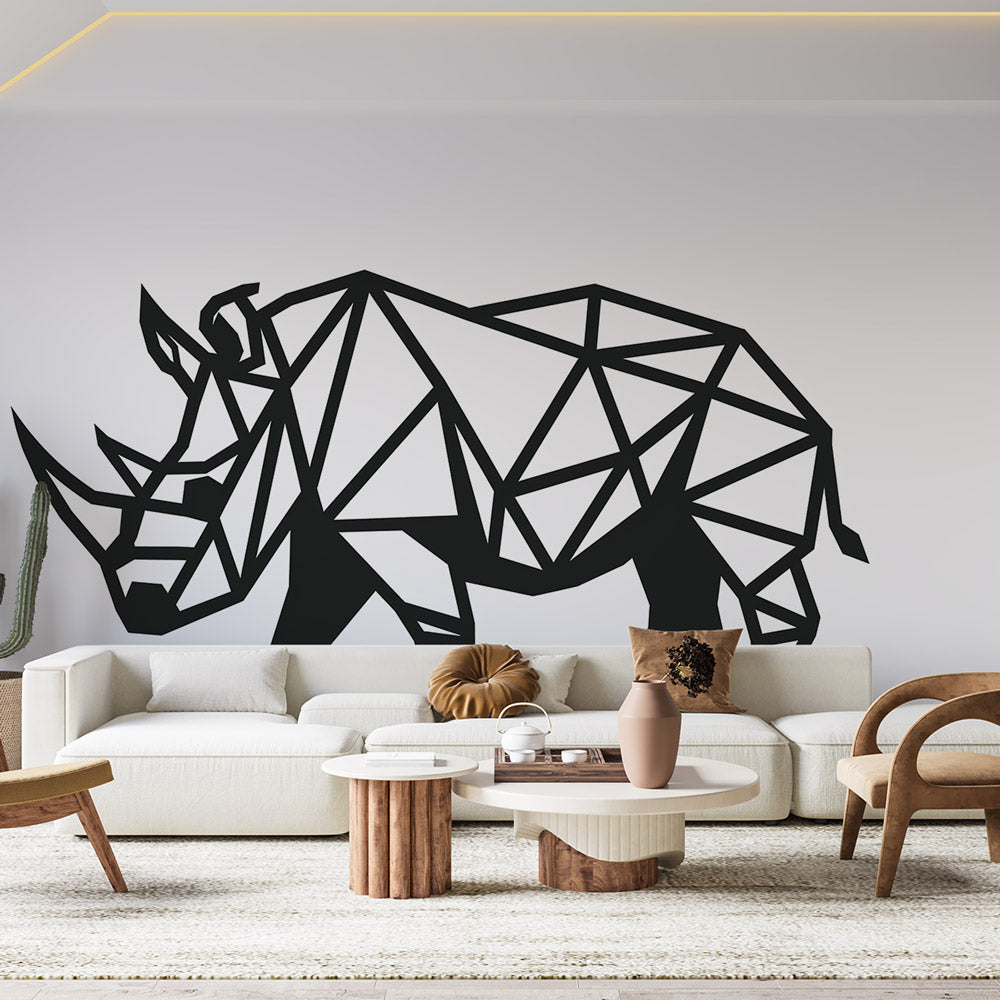 Modern Geometric Rhino Wallpaper displayed in a minimalist living room, black and white art creating a stunning focal point