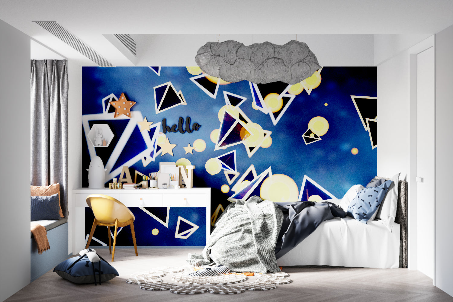 Modern geometric wallpaper in blue and gold creating depth in a minimalist living room