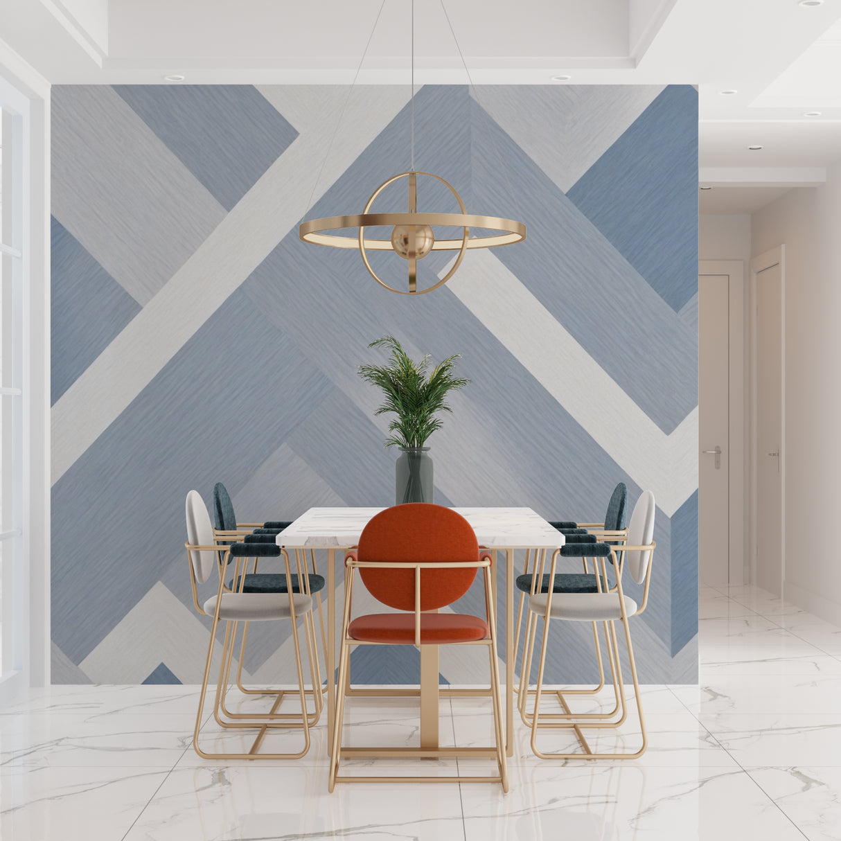 Blue-grey geometric pattern wall mural in a minimalist home office setup