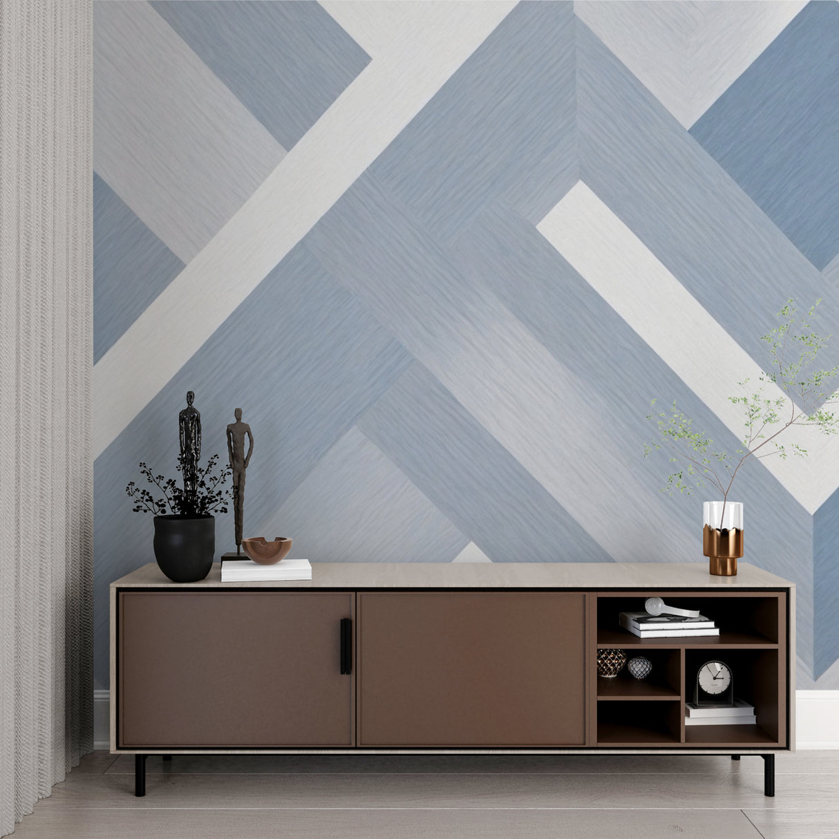 Geometric wall design in a master bedroom with modern furniture