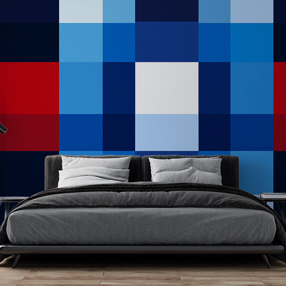 Modern geometric pixel wallpaper creating a stunning focal point in a minimalist home office with blue and red accents