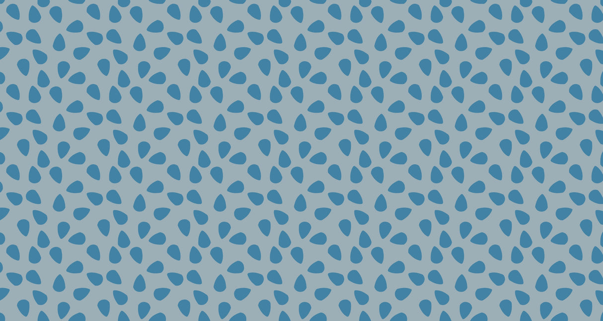 Modern geometric blue droplet wallpaper in a bright minimalist living room, creating a fresh and open atmosphere