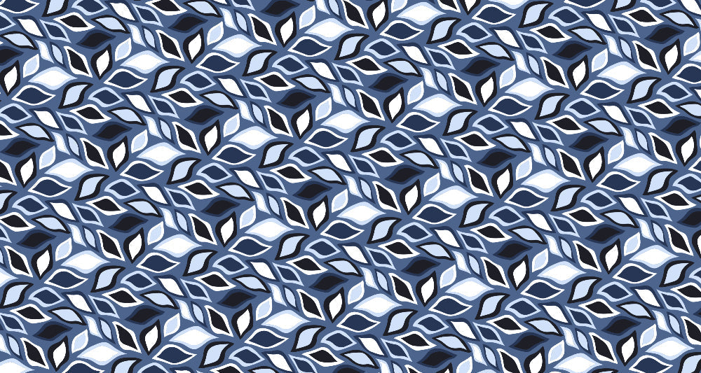 Blue geometric leaf pattern design file showing the refined rhythmic arrangement of abstract shapes