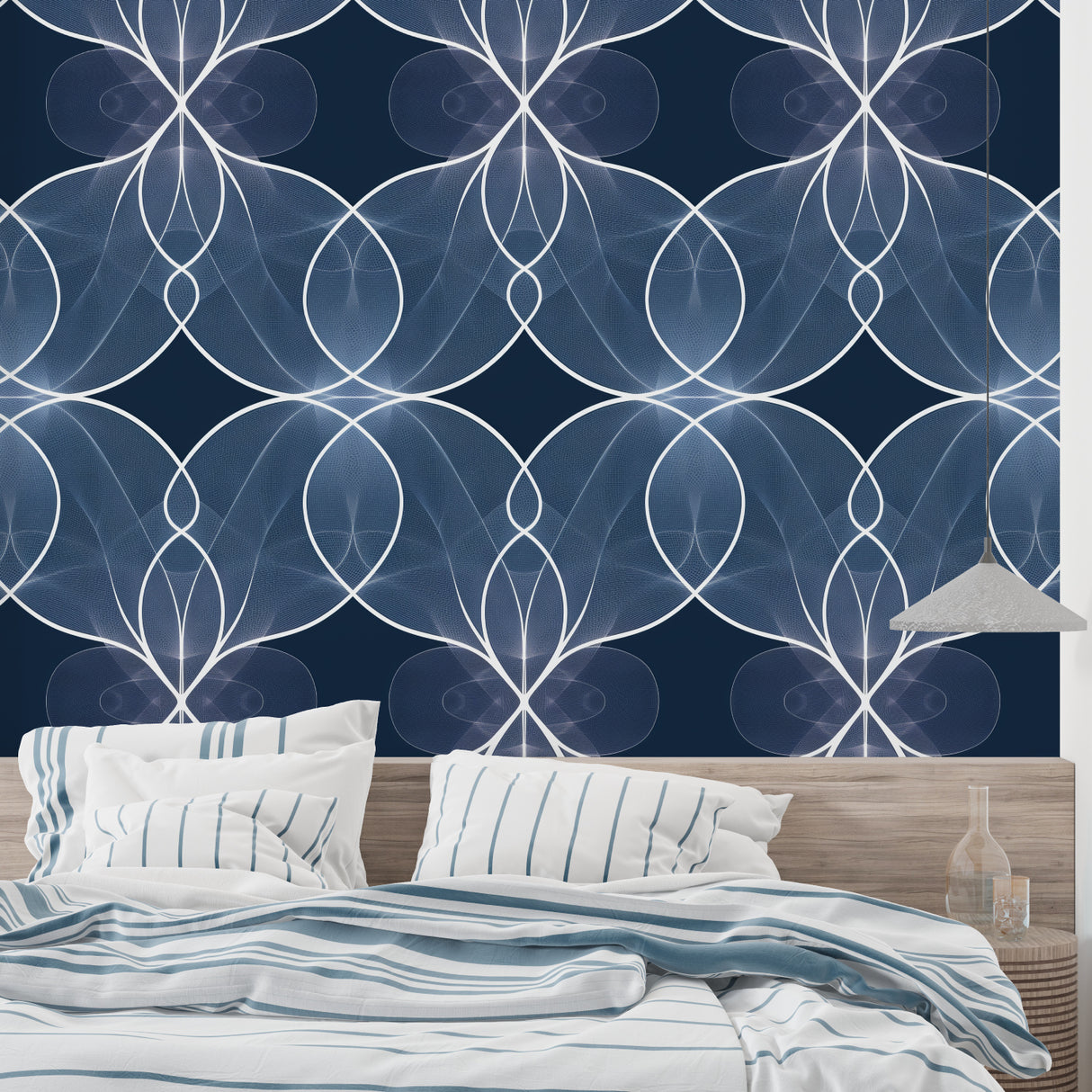 Modern blue geometric wallpaper in a minimalist living room, creating a stunning focal point